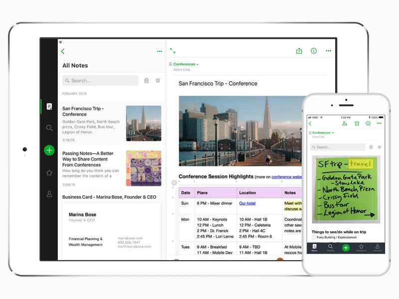 一台iPad和一部iPhone，螢幕上都安裝了Evernote應用程式。