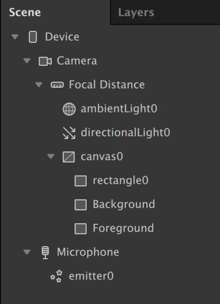 Spark AR 中帶有獨立發射器的場景面板選項截圖