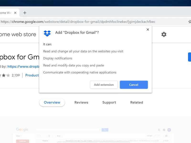 在Google Milome瀏覽器中安裝Dropbox for Gmail擴充功能的過程。