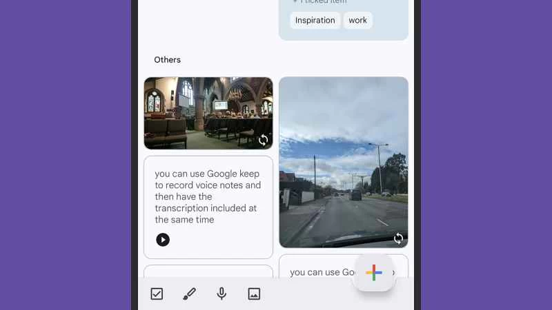 Google Keep 截圖，帶有“加號”，顯示如何添加音訊