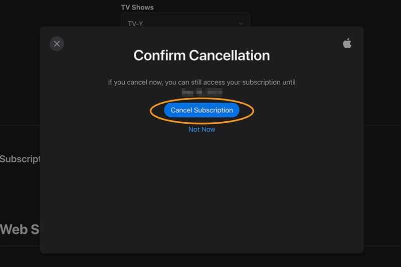 瀏覽器中的 Apple TV+ 應用程式顯示確認訊息，表示您要取消 Apple TV+ 服務。