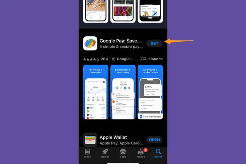 在手機上的蘋果應用商店中，Google Pay 應用程式的下載連結顯示在哪裡。
