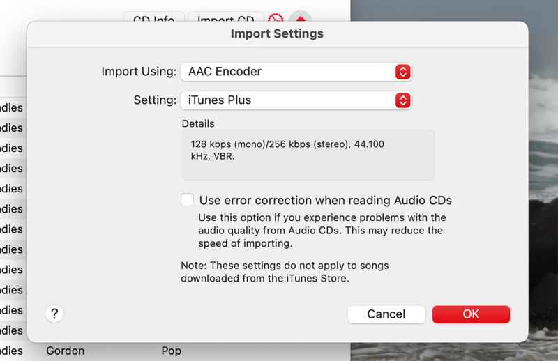 在 Apple Music 應用程式上翻錄 CD 時的輸出格式。