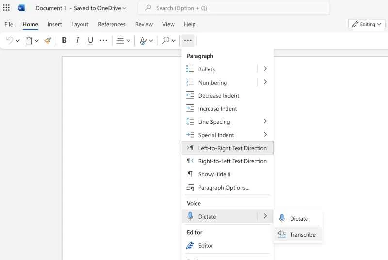 微軟 Word 網頁版中的「更多」選單，在聽寫選項下顯示了轉錄音訊的選項。