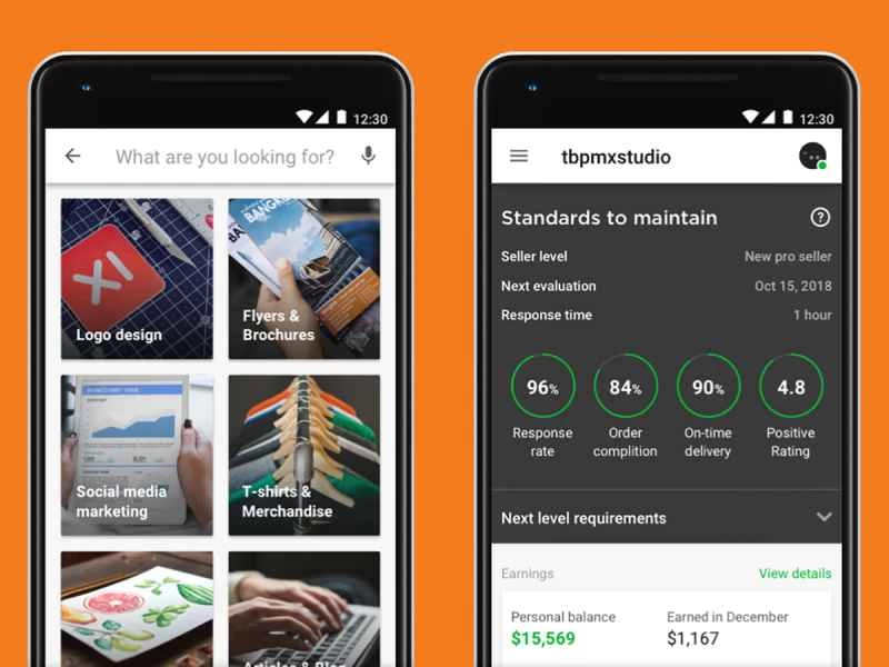 手機上的 Fiverr 應用程式介面。