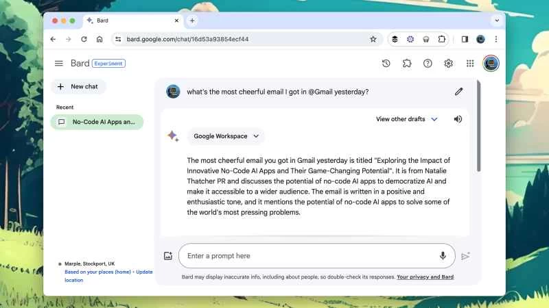 瀏覽器視窗顯示與 Gmail 相關的 Google Bard 提示，以及 AI 機器人的回應。