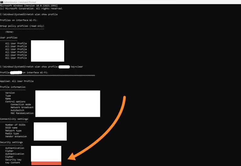 Windows 命令提示字元程式示範如何尋找目前或先前已連接的網路的 WiFi 密碼。