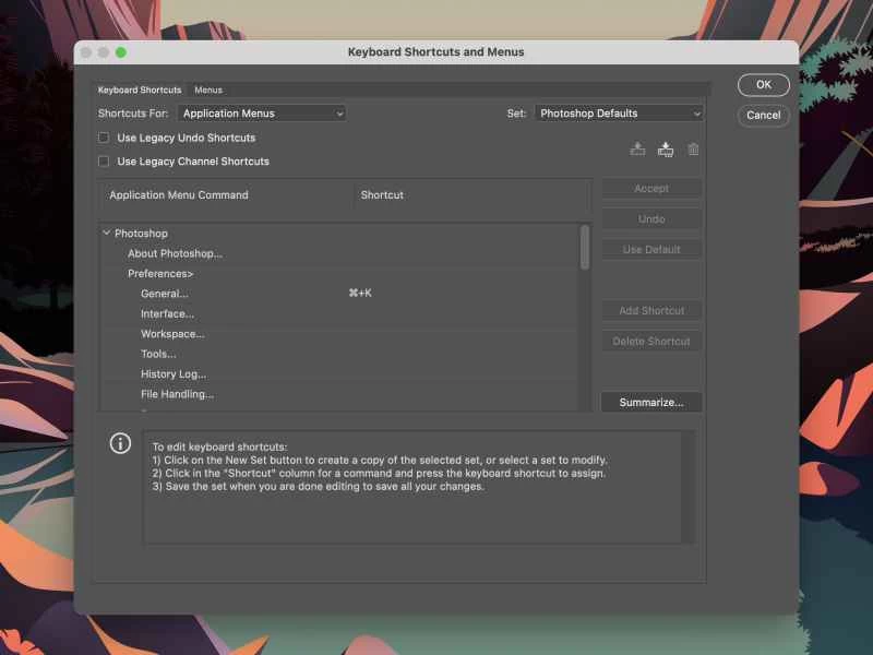 Adobe Photoshop 中的快捷選單。