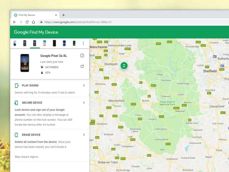 安卓手機的「尋找我的裝置」地圖。