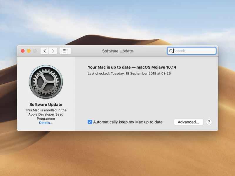 一個對話方塊顯示蘋果電腦已更新至 macOS Mojave 10.14。