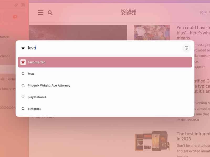 Arc 瀏覽器搜尋框，您可以透過 Cmd+T 快捷鍵啟動它。
