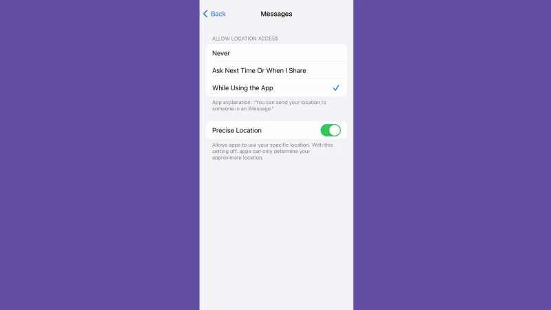 Apple Messages 應用程式設置，顯示在哪裡可以設定位置共用選項。