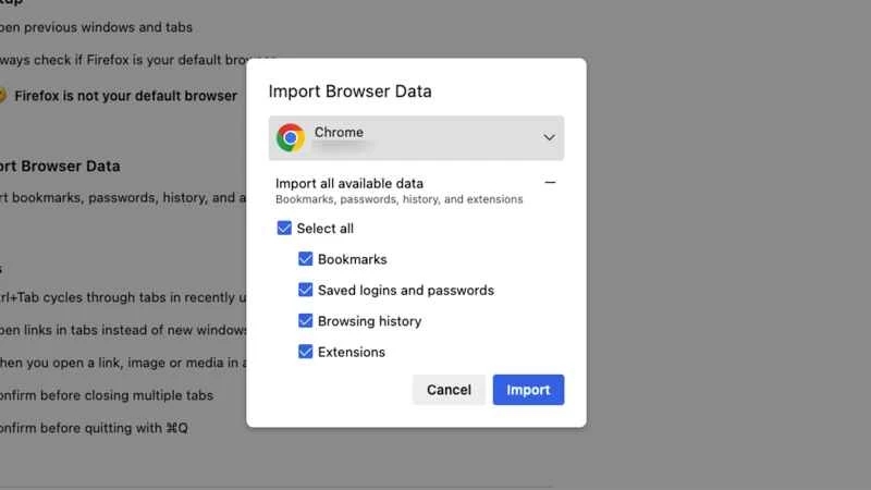 用於將 Chrome 瀏覽器中的書籤和資料匯入 Firefox 的選單
