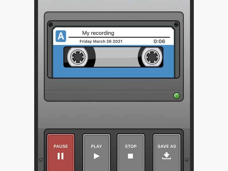 語音錄製器和音訊編輯器的使用者介面，展示了其磁帶播放器設計。