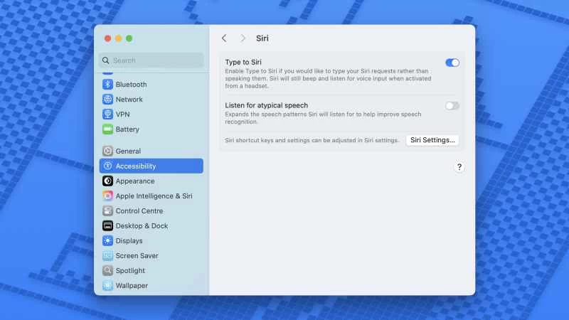 螢幕截圖顯示“鍵入以進行 Siri 設定”