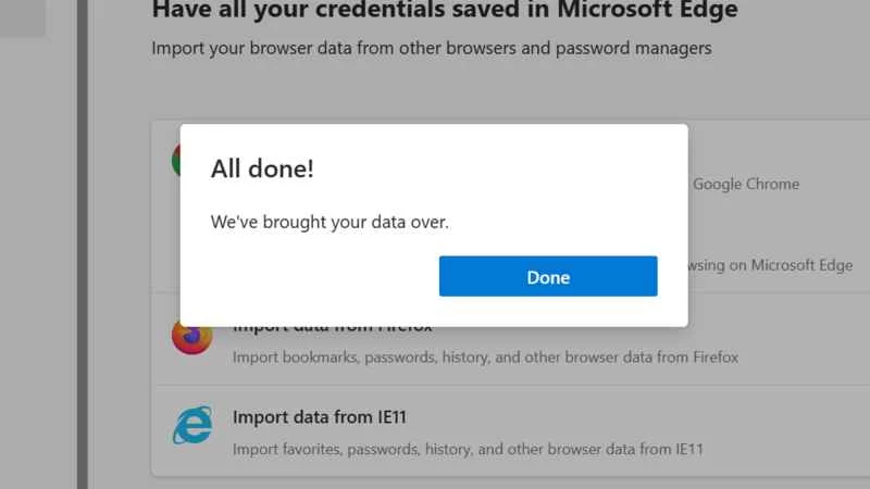 Microsoft Edge 資料匯入成功通知