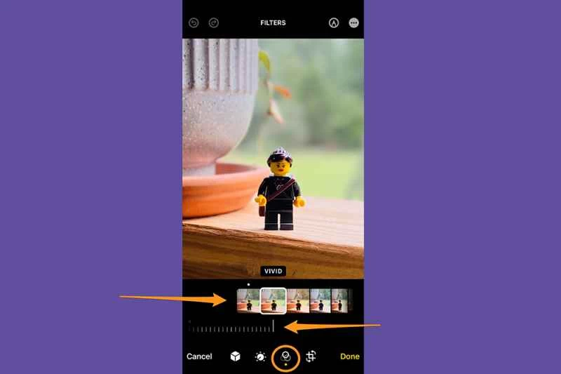 iPhone 照片應用程式處於編輯模式,顯示在哪裡可以找到照片濾鏡以及如何套用它們。