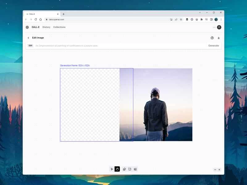 使用 Dall-E-2 的外繪工具，透過 AI 將選擇框放置在一些空白區域和一張照片的邊緣，照片中一個人穿著灰色夾克和粉紅色棒球帽，站在山脊上眺望日出的山脈。