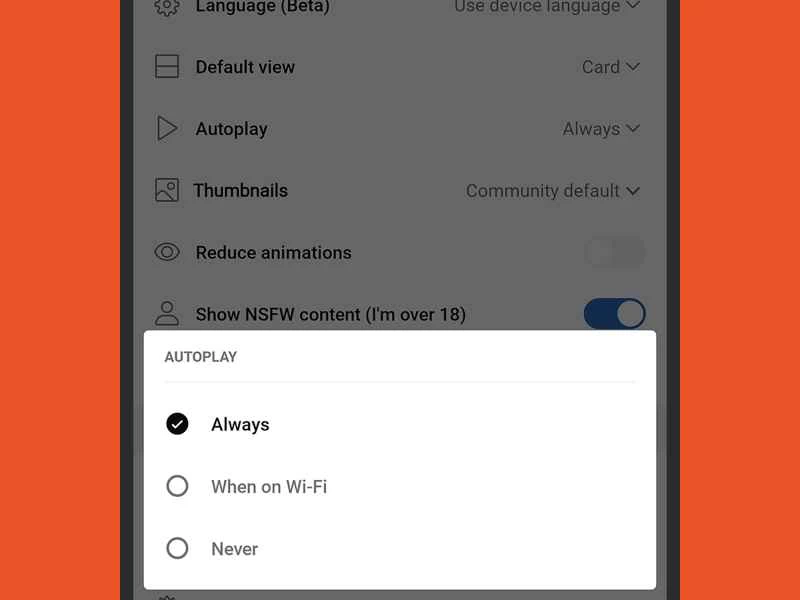 Reddit 應用程式上的影片自動播放設定。