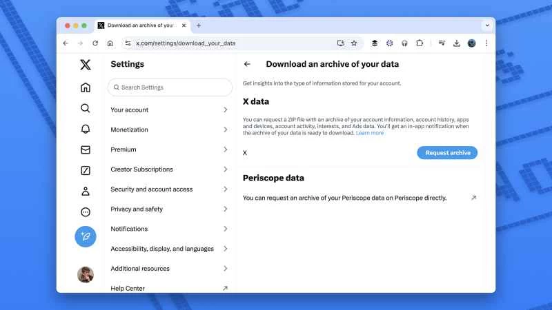 X/Twitter 設定中「下載資料存檔」頁面的螢幕截圖