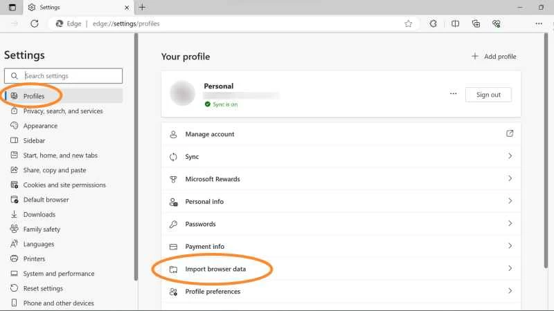 用於將書籤和資料從 Chrome 傳輸到 Microsoft Edge 的選單