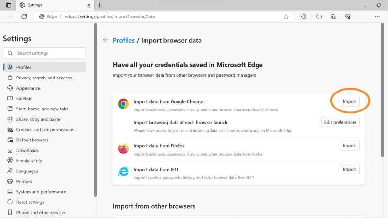 設定將 Chrome 中的書籤和資料匯入 Microsoft Edge。