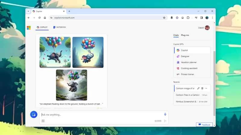 微軟Copilot截圖，顯示人工智慧產生的大象拿著氣球