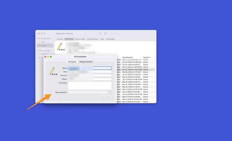 Mac 的設定中顯示了在哪裡輸入管理員使用者名稱和密碼以取得 WiFi 網路密碼。