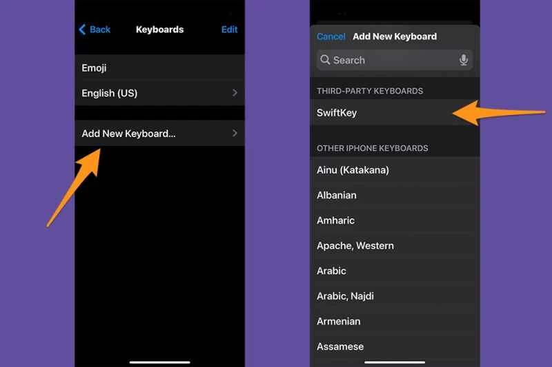 iOS 設定應用程式，顯示如何在 iPhone 中新增鍵盤。