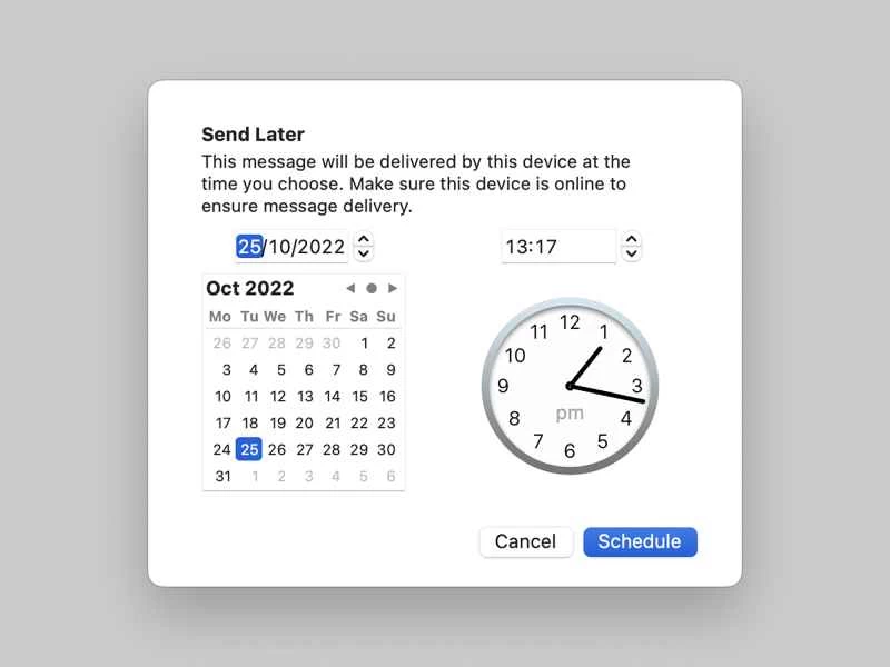 macOS Ventura 中新增的 Apple Mail 的「稍後發送」功能，會顯示日曆和時間，方便您安排電子郵件的發送時間。