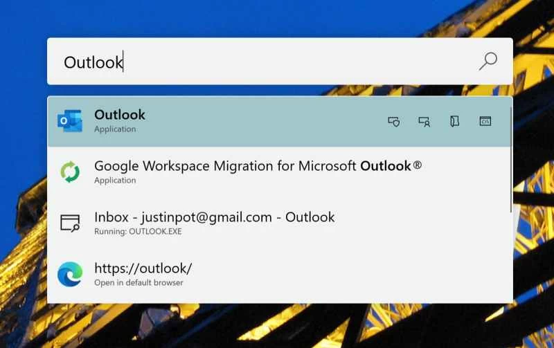 Microsoft PowerToys Run，顯示一個搜尋欄，其中輸入了 Outlook。