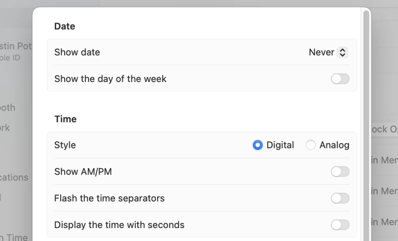 螢幕截圖顯示了 macOS 中的選單列自訂選項