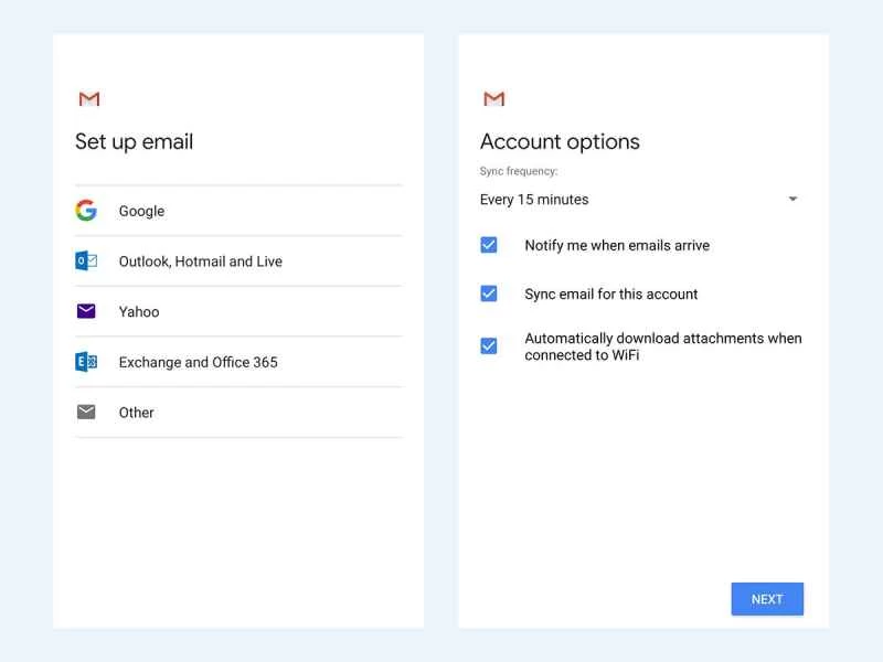 在安卓裝置上設定電子郵件選項和同步選項。
