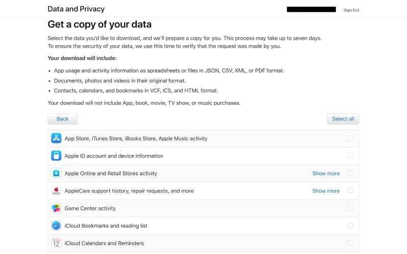 「取得您的資料副本」頁面