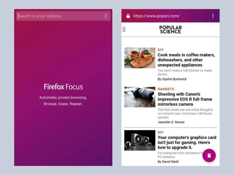 Firefox Focus 行動瀏覽器正在顯示《大眾科學》網站。