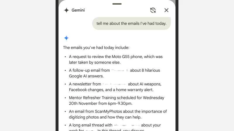 雙子座回答「請告訴我我今天收到的郵件」這個問題時的截圖
