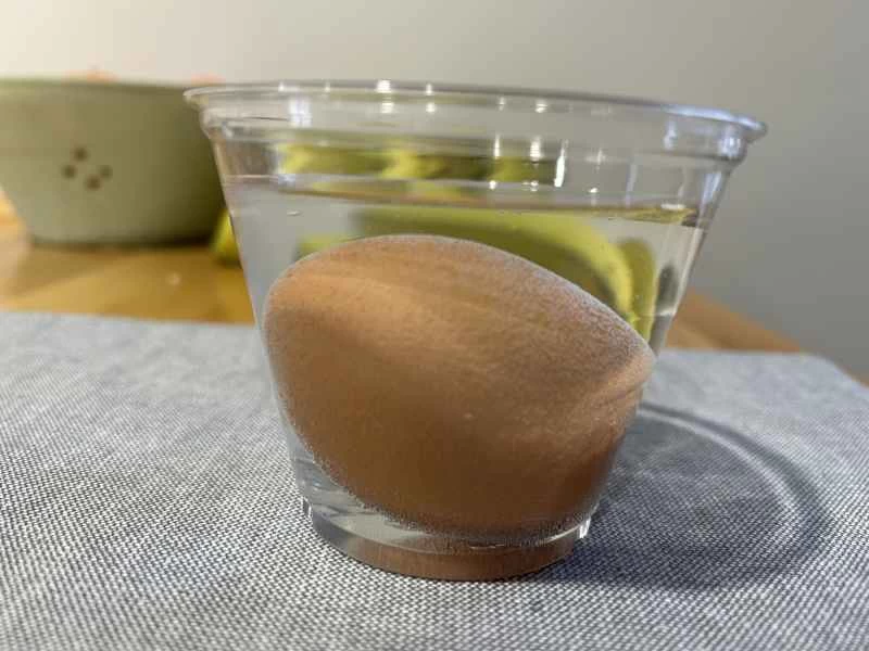 一個棕色的蛋靜靜地躺在裝滿白醋的塑膠杯裡。