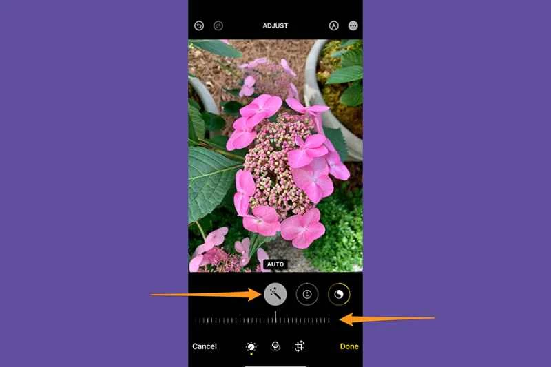 iPhone 照片應用程式處於編輯模式,示範如何自動編輯照片。