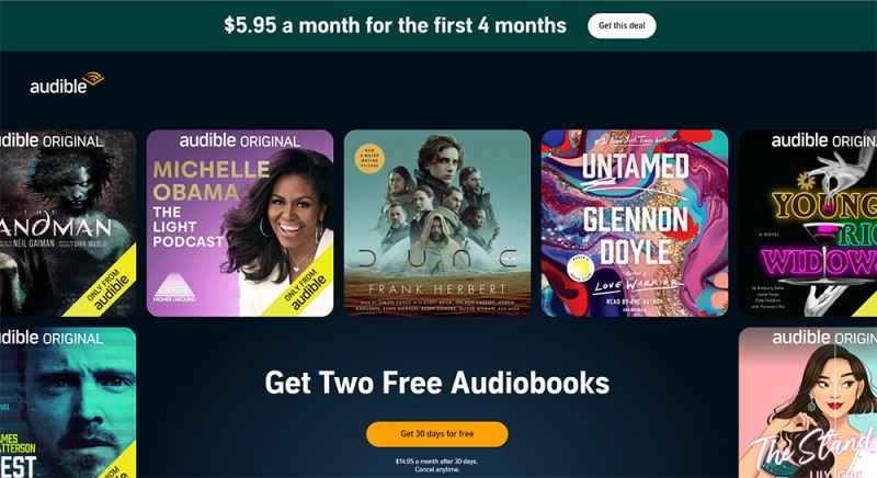 Audible 的主頁，上面列出了兩行書籍標題。