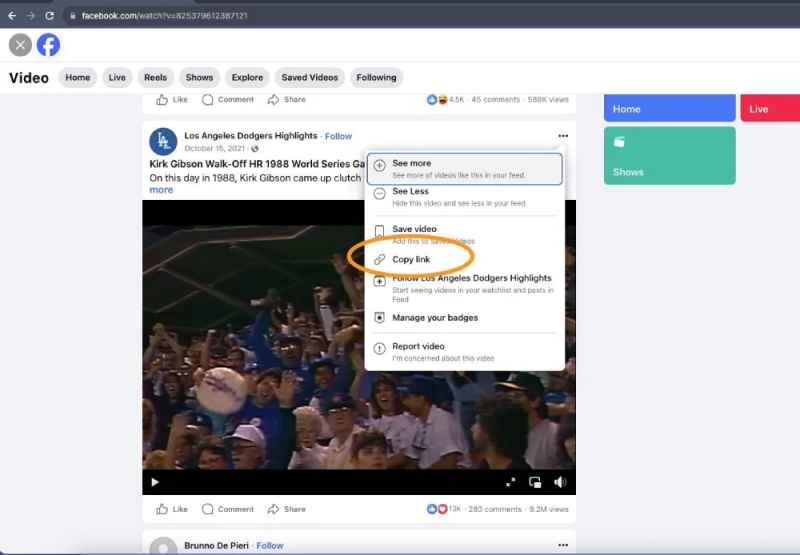 Facebook 上的選單，可以透過選擇「複製連結」來儲存影片。