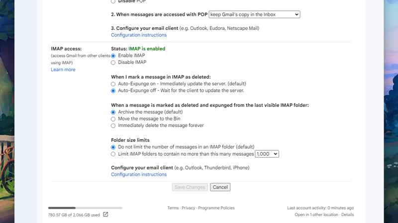 Gmail 中 IMAP 頁面的螢幕截圖