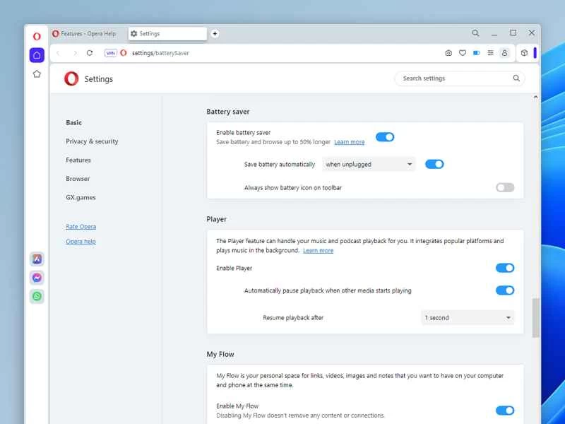 Opera 瀏覽器中的省電模式選項。