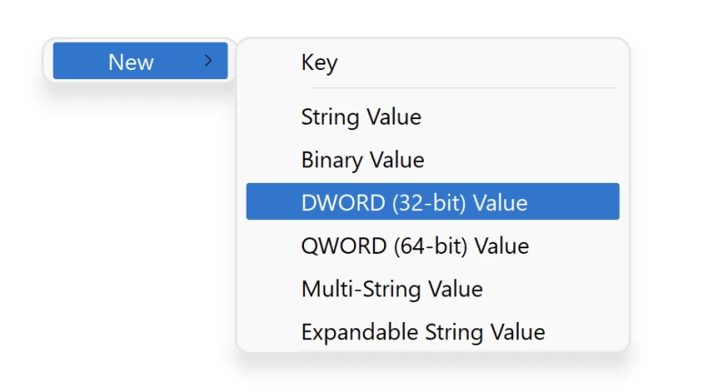 Windows 登錄編輯器中新增一個選項，其中 DWord（32 位元）值會高亮顯示。