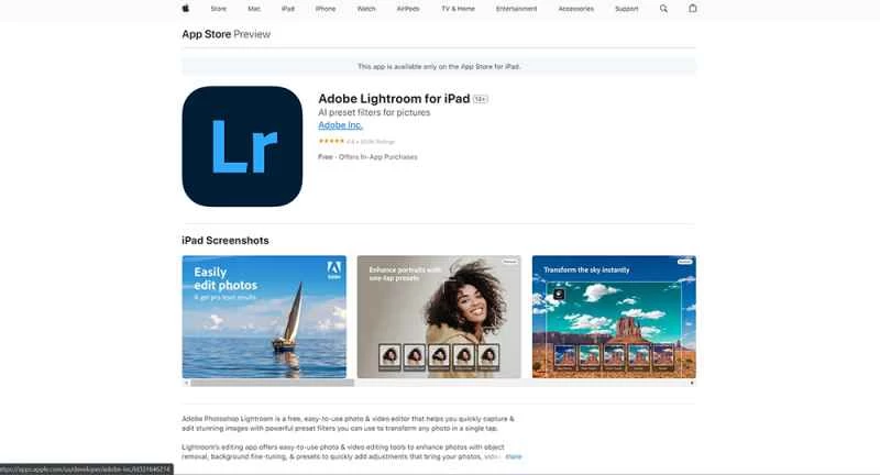 Adobe Lightroom 的主頁以黑色標誌為特色，標誌內有藍色字母 L 和 R，並配有三張照片：一艘帆船在水上航行、一張女性肖像和一張正在編輯的山區照片。