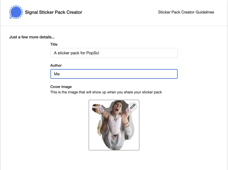 在 Signal 的貼紙創建器上命名貼紙包。