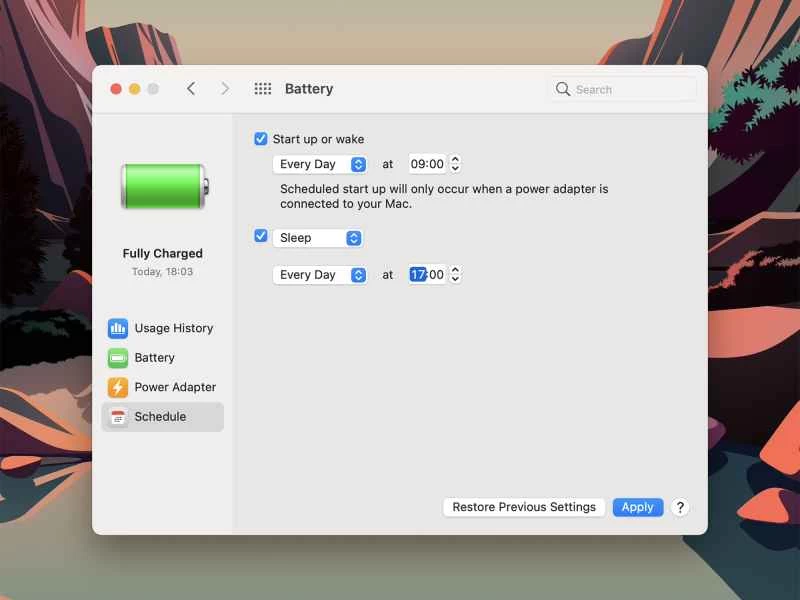 在 macOS 上安排自動啟動或關閉時，您將看到的畫面。