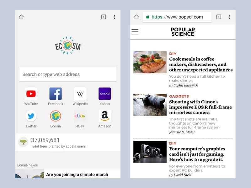Ecosia 行動瀏覽器顯示的是《大眾科學》網站。