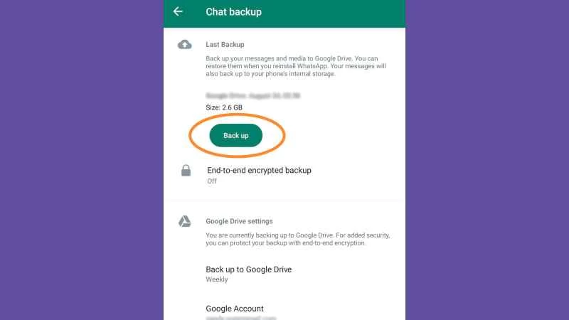 WhatsApp 的聊天備份選單