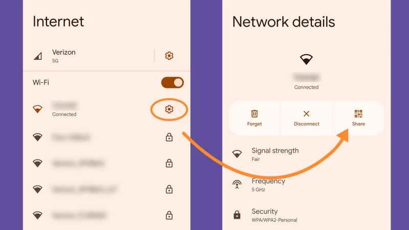Android 設定中顯示如何找到齒輪圖標，該圖標會引導您輸入 WiFi 密碼。