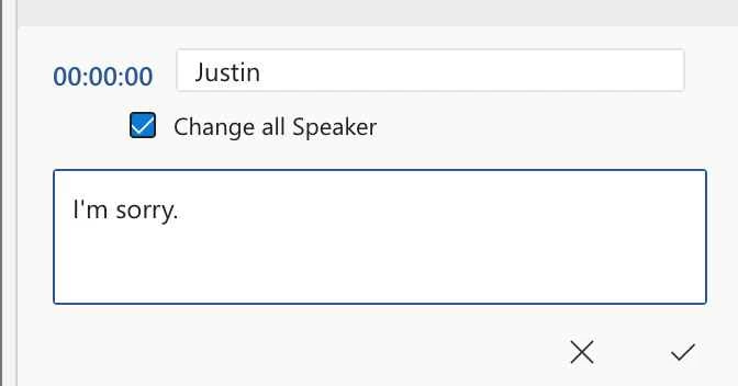 Microsoft Word 音訊轉錄工具中變更說話者姓名的選項。